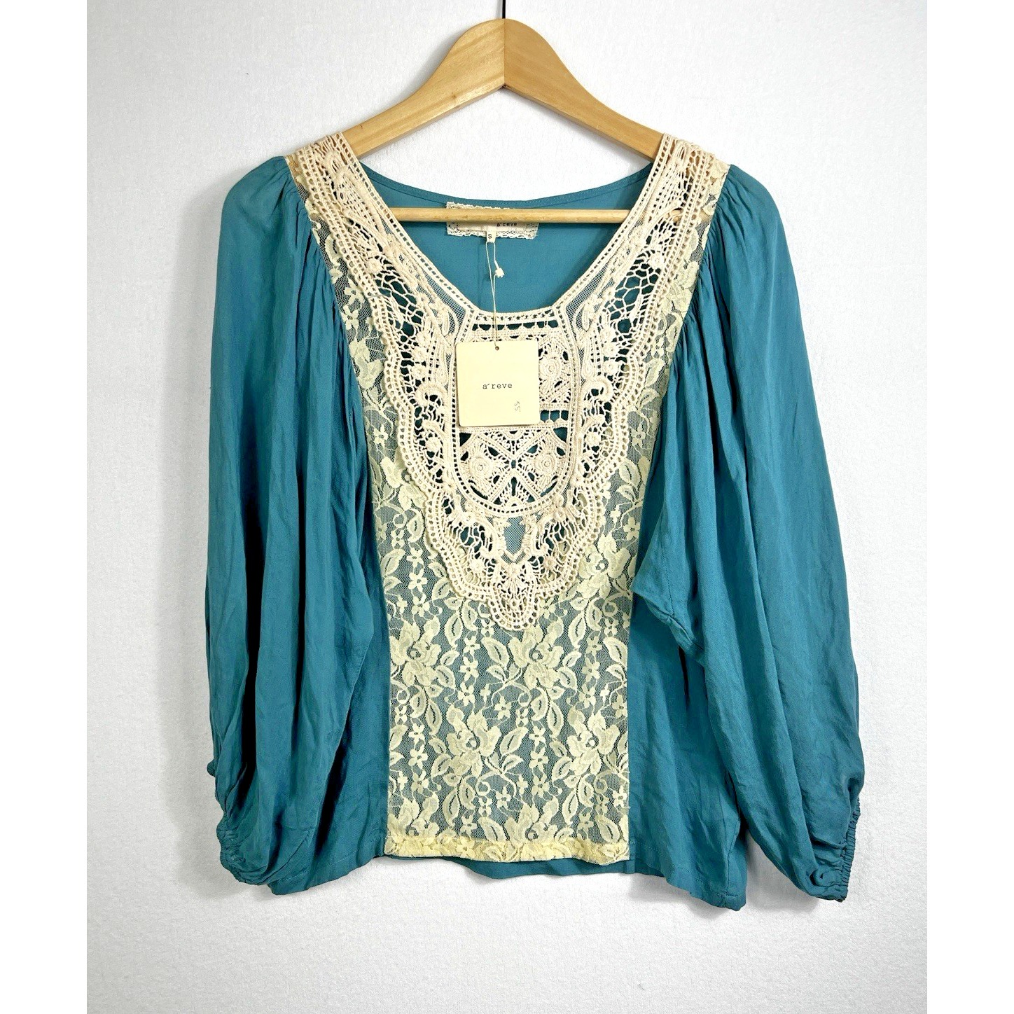 Anthropologie A'reve Green Ivory Lace 3/4 Balloon Sleeves Blouse Size S New